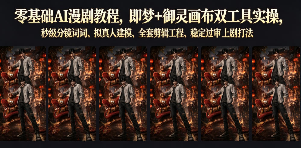 零基础AI漫剧教程,即梦+御灵画布双工具实操,秒级分镜提示词、拟真人建模、全套剪辑工程、稳定过审上剧打法-云讯网创