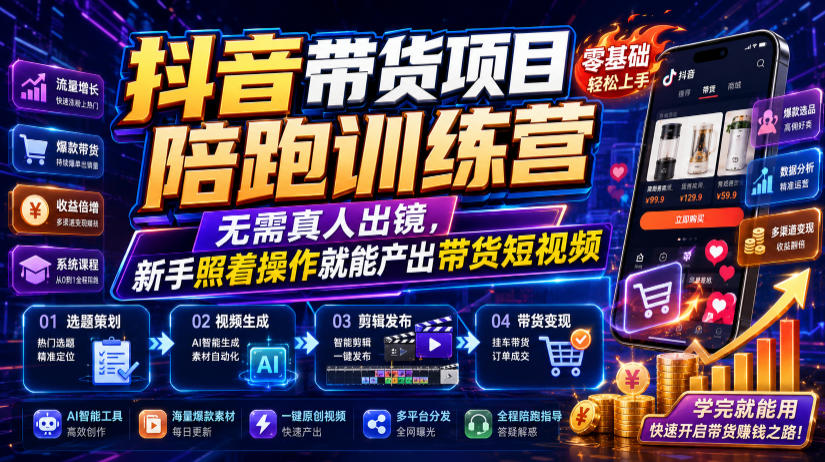 抖音带货项目陪跑训练营,无需真人出镜,新手照着操作就能产出带货短视频-云讯网创