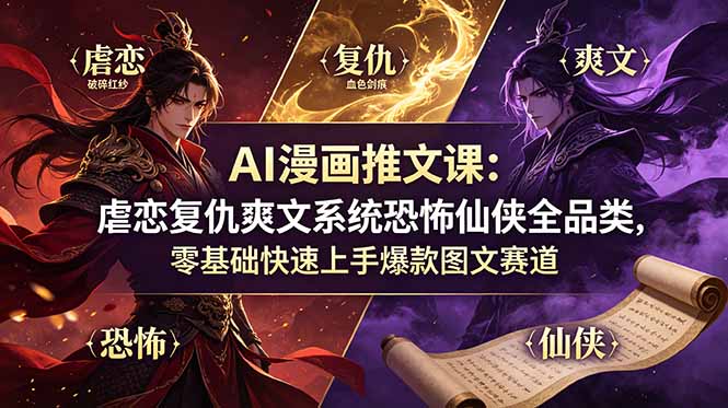 AI漫画推文课：虐恋复仇爽文系统恐怖仙侠全品类，零基础快速上手爆款图文赛道-云讯网创