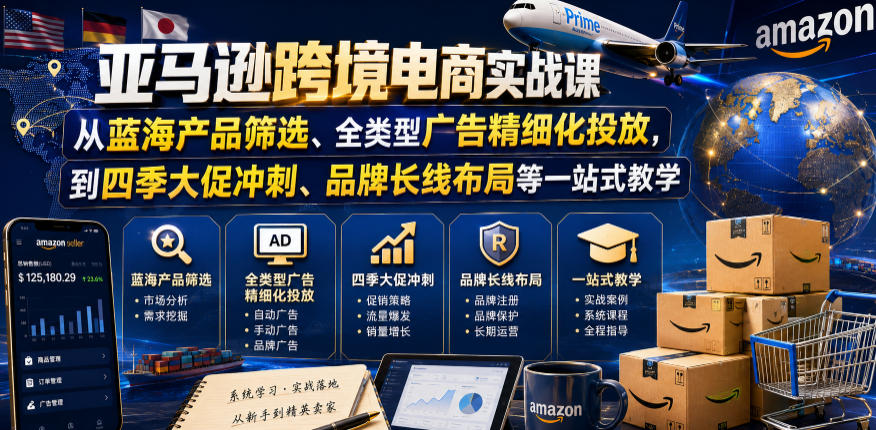 亚马逊跨境电商实战课,从蓝海产品筛选、全类型广告精细化投放,到四季大促冲刺、品牌长线布局等一站式教学-云讯网创