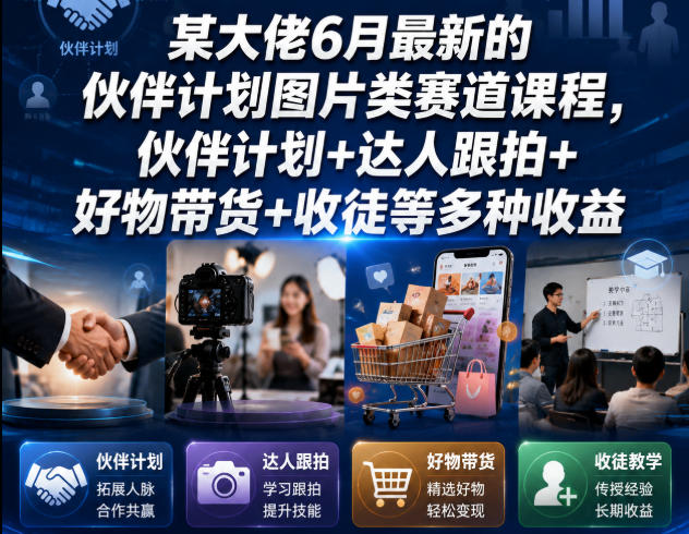 某大佬6月最新的伙伴计划图片类赛道课程，伙伴计划+达人跟拍+好物带货+收徒等多种收益-云讯网创