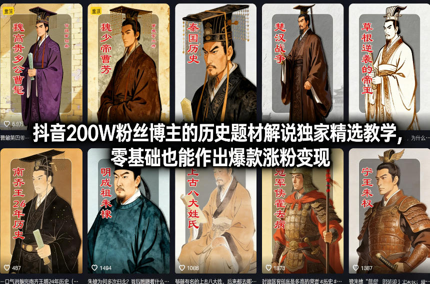 抖音200W粉丝博主的历史题材解说独家精选教学，零基础也能作出爆款涨粉变现-云讯网创