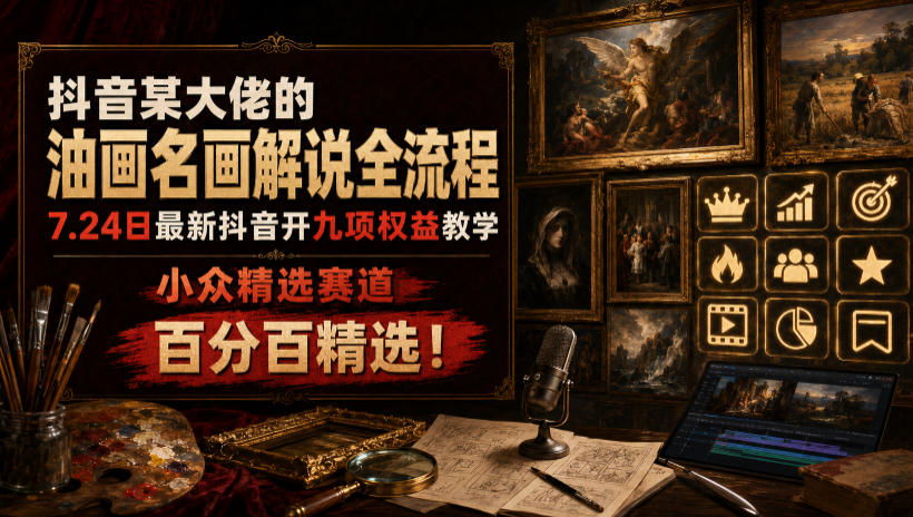 抖音某大佬的油画名画解说全流程，7.24日最新抖音开九项权益教学，小众精选赛道，百分百精选！-云讯网创