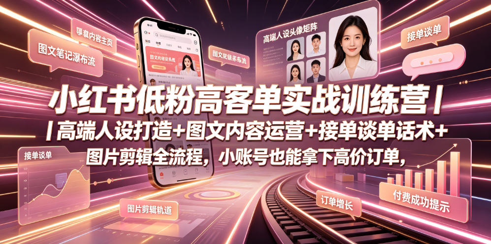 小红书低粉高客单实战训练营｜高端人设打造+图文内容运营+接单谈单话术+图片剪辑全流程，小账号也能拿下高价订单-云讯网创