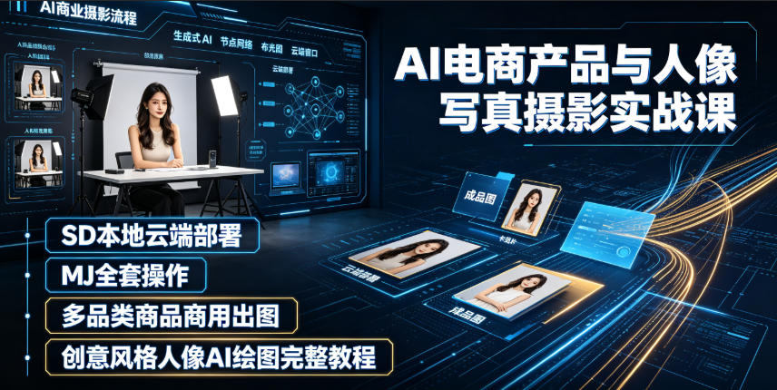 AI电商产品与人像写真摄影实战课｜SD本地云端部署、MJ全套操作、多品类商品商用出图、创意风格人像AI绘图完整教程-云讯网创