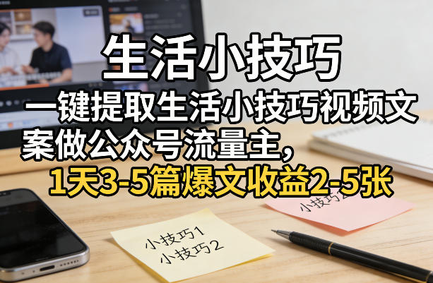 一键提取生活小技巧视频文案做公众号流量主，1天3-5篇爆文收益2-5张-云讯网创
