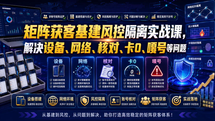 矩阵获客基建风控隔离实战课，解决设备、网络、核对、卡0、嘎号等问题-云讯网创