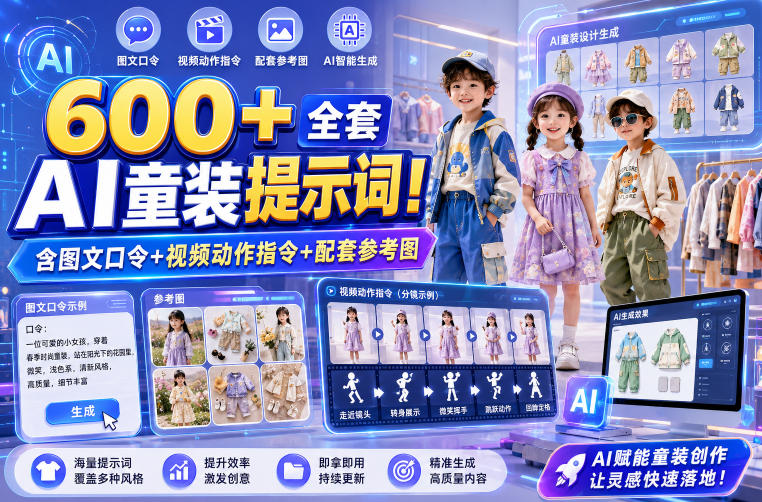 600+全套AI童装提示词！含图文口令+视频动作指令+配套参考图，Word-Excel规整分类，童装电商、种草无脑量产内容！-云讯网创