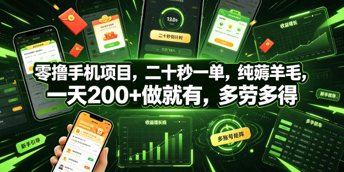 零撸手机项目，二十秒一单，纯薅羊毛，一天200+做就有，多劳多得【揭秘】-云讯网创