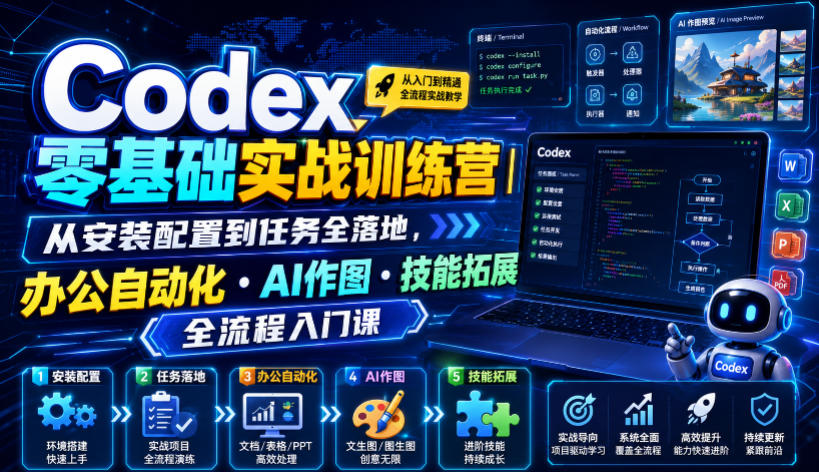 Codex零基础实战训练营｜从安装配置到任务全落地，办公自动化・AI作图・技能拓展全流程入门课-云讯网创