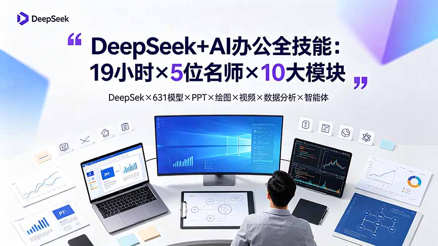 DeepSeek+AI办公全技能:19小时×5位名师×10大模块,DeepSeek×631模型×PPT×绘图×视频×数据分析×智能体-云讯网创