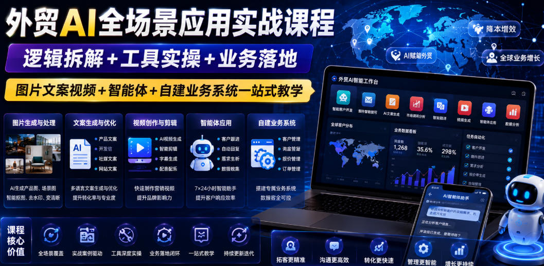 外贸AI全场景应用实战课程｜逻辑拆解+工具实操+业务落地，图片文案视频+智能体+自建业务系统一站式教学-云讯网创