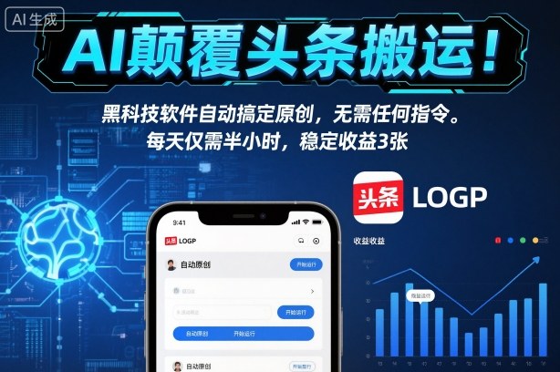 AI颠覆头条搬运!黑科技软件自动搞定原创,无需任何指令。每天仅需半小时,稳定收益3张【揭秘】-云讯网创
