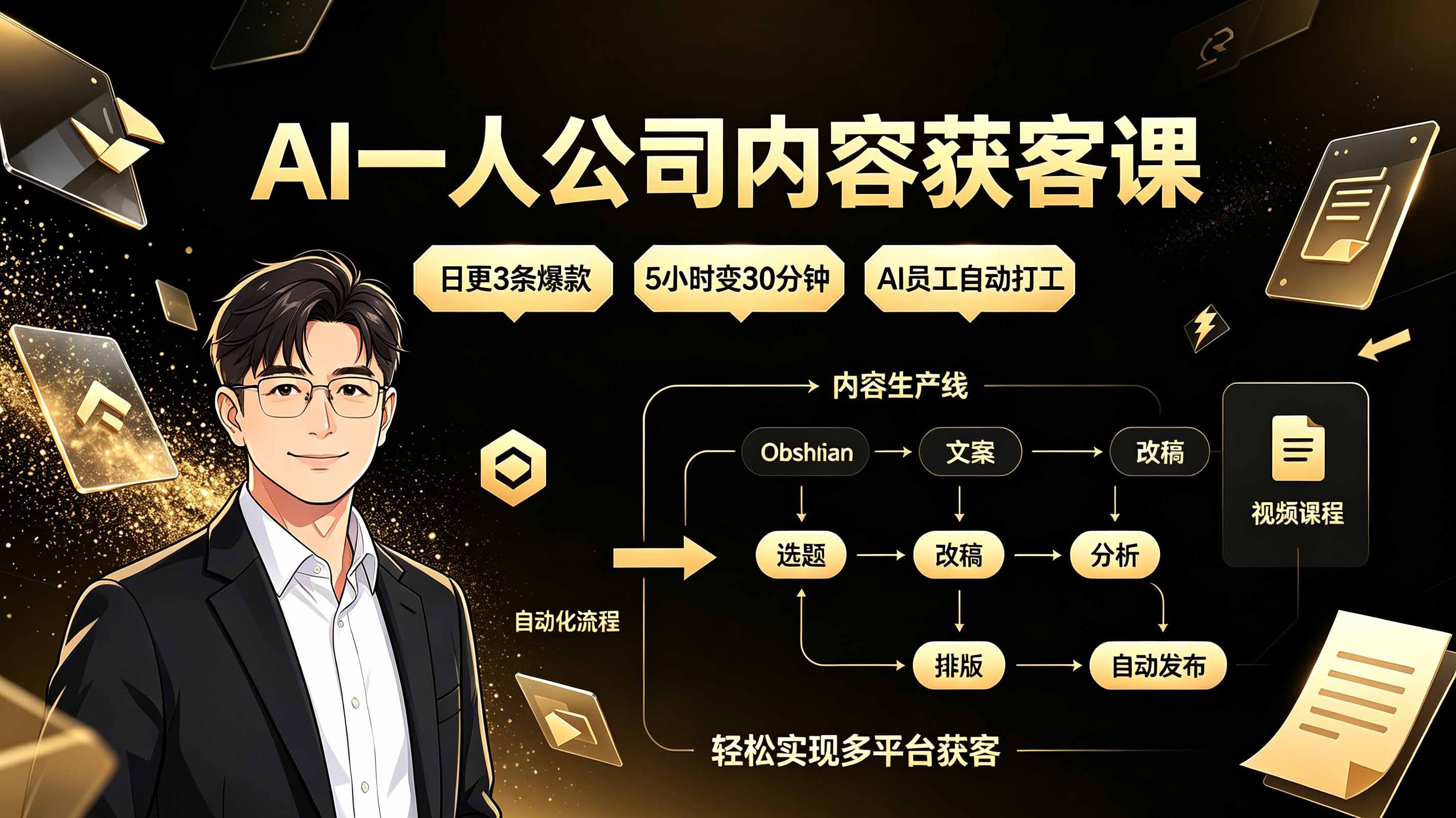 AI一人公司内容获客课：日更3条爆款×5小时变30分钟×AI员工自动打工，轻松实现多平台获客-云讯网创