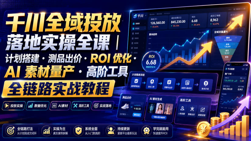 千川全域投放落地实操全课|计划搭建・测品出价・ROI优化・AI素材量产・高阶工具全链路实战教程-云讯网创