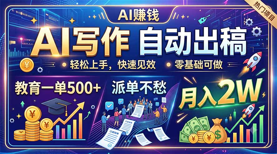 AI写作自动出稿，教育一单500+，派单不愁，月入2W-云讯网创