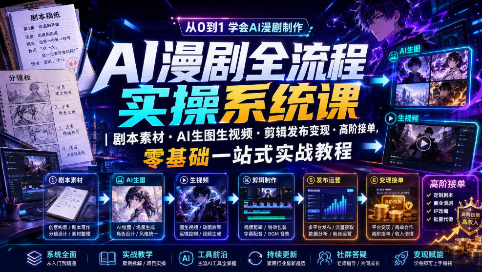 AI漫剧全流程实操系统课|剧本素材・AI生图生视频・剪辑发布变现・高阶接单,零基础一站式实战教程-云讯网创