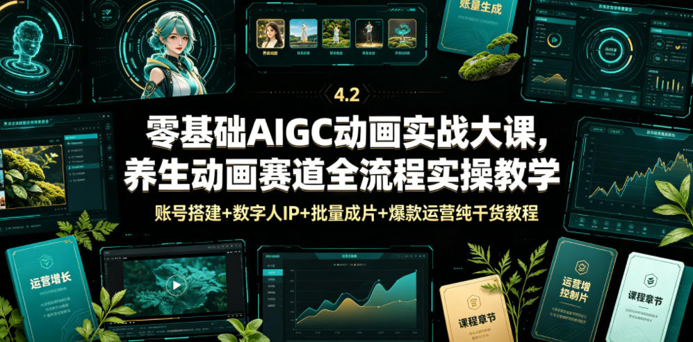 零基础AIGC动画实战大课，养生动画赛道全流程实操教学，账号搭建+数字人IP+批量成片+爆款运营纯干货教程-云讯网创