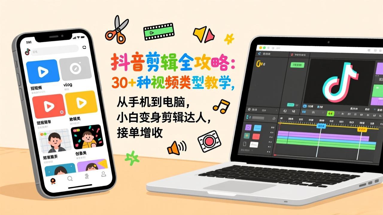 抖音剪辑全攻略：30+种视频类型教学，从手机到电脑，小白变身剪辑达人，接单增收-云讯网创