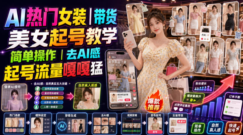 AI热门女装带货丨美女起号教学，简单操作，去AI感，起号流量嘎嘎猛-云讯网创