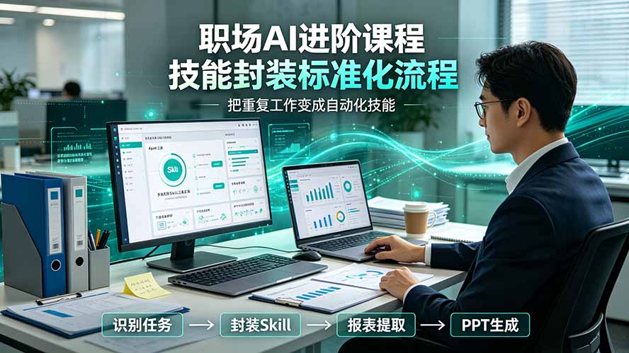 职场AI进阶课程;多类实用Skill工具实操,专属技能封装标准化流程,报表行业报告一键提取核心内容-云讯网创