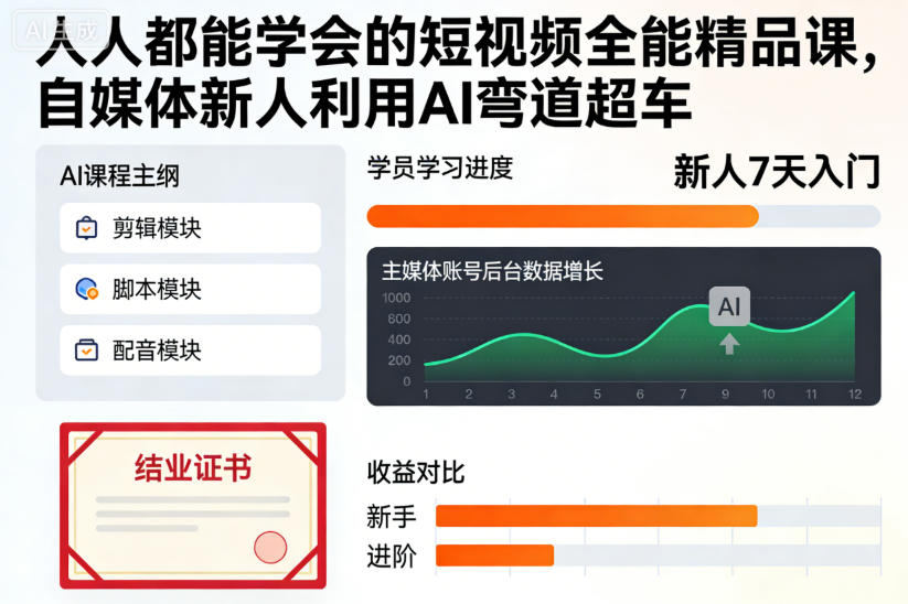 人人都能学会的短视频全能精品课，自媒体新人利用AI弯道超车-云讯网创