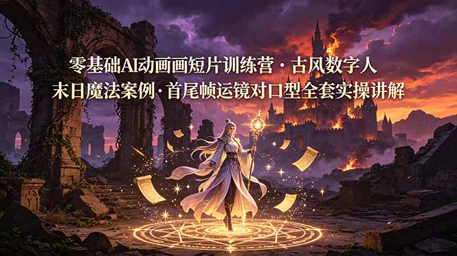 零基础AI动画短片训练营，古风数字人末日魔法案例，首尾帧运镜对口型全套实操讲解-云讯网创