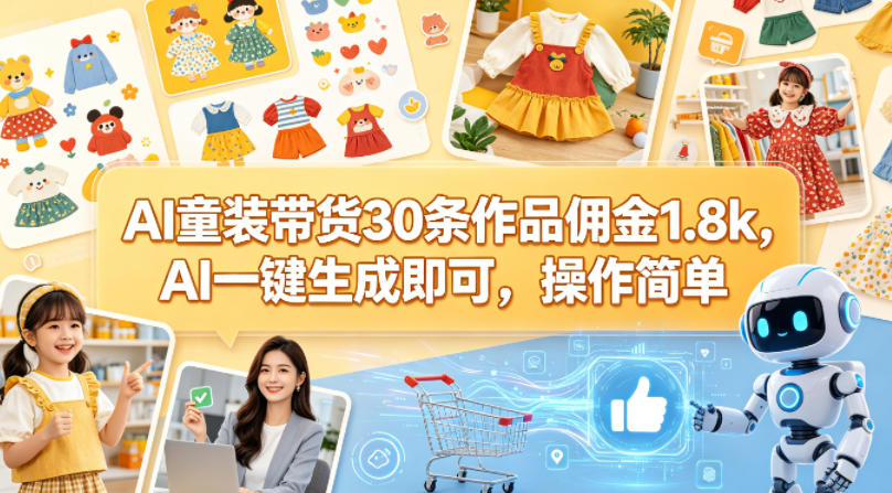 AI童装带货30条作品佣金1.8k，AI一键生成即可，操作简单-云讯网创