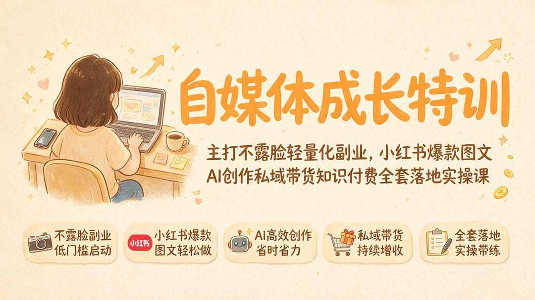 自媒体成长特训｜主打不露脸轻量化副业，小红书爆款图文AI创作私域带货知识付费全套落地实操课-云讯网创