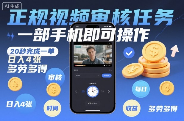 正规视频审核任务，一部手机即可操作，20秒完成一单，日入4张，多劳多得【揭秘】-云讯网创