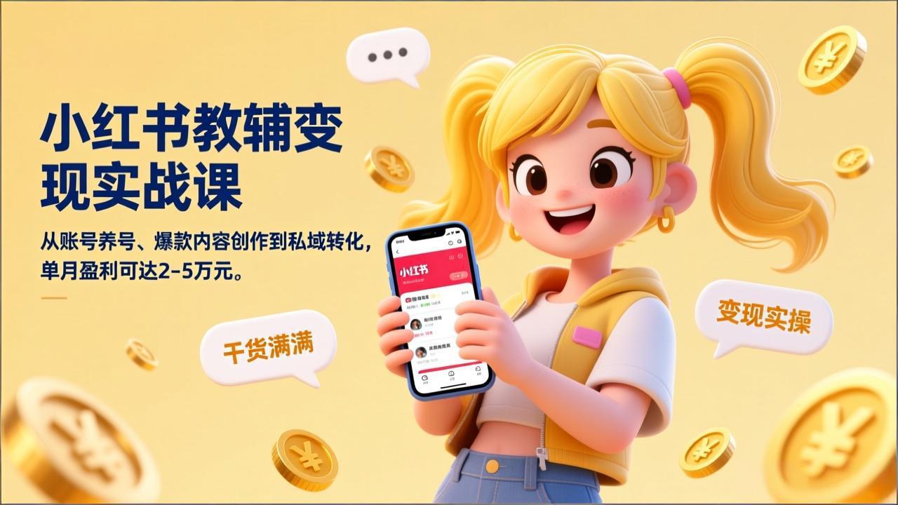 小红书教辅变现实战课，从账号养号、爆款内容创作到私域转化，单月盈利可达2-5万元-云讯网创