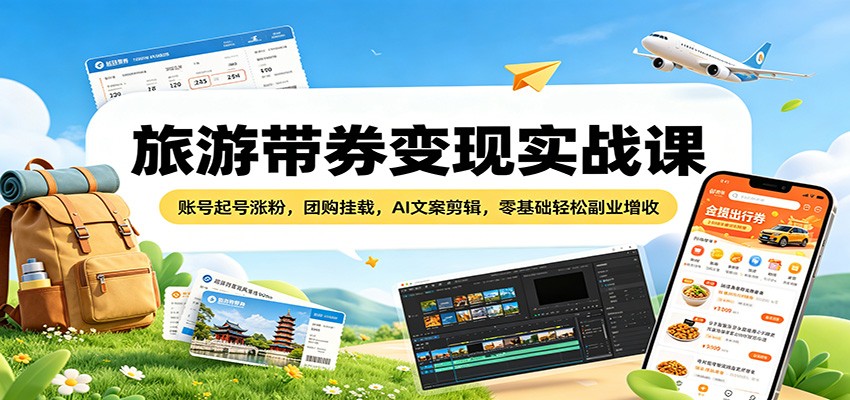 旅游带券变现实战课：账号起号涨粉，团购挂载，AI文案剪辑，零基础轻松副业增收-云讯网创