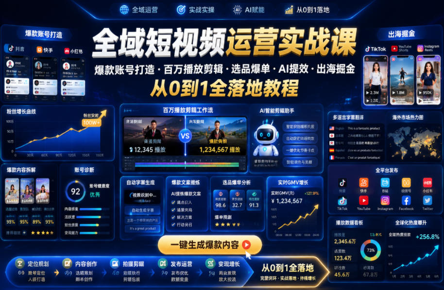 全域短视频运营实战课,爆款账号打造・百万播放剪辑・选品爆单・AI提效・出海掘金,从0到1全落地教程-云讯网创