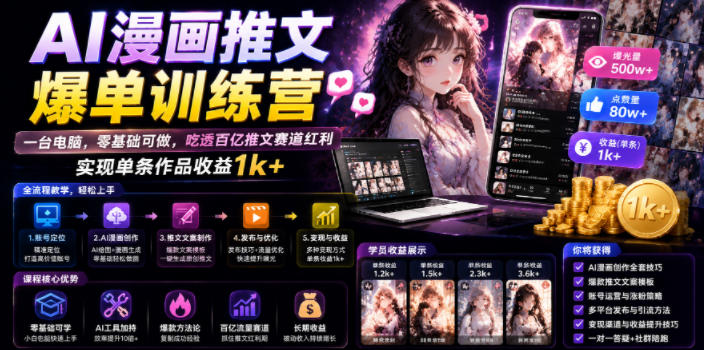 AI漫画推文爆单训练营，一台电脑，零基础可做，吃透百亿推文赛道红利，实现单条作品收益1k+-云讯网创
