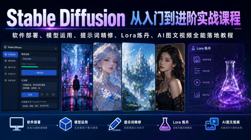 Stable Diffusion从入门到进阶实战课程｜软件部署、模型运用、提示词精修、Lora炼丹、AI图文视频全能落地教程-云讯网创