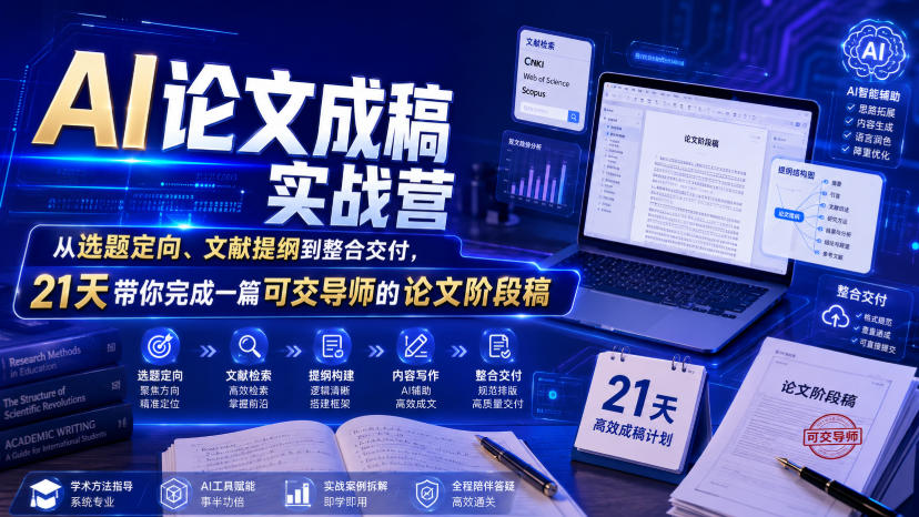 AI论文成稿实战营，从选题定向、文献提纲到整合交付，21天带你完成一篇可交导师的论文阶段稿-云讯网创