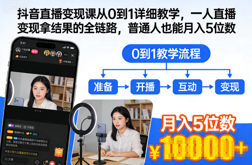 抖音直播变现课从0到1详细教学，一人直播变现拿结果的全链路，普通人也能月入5位数-云讯网创
