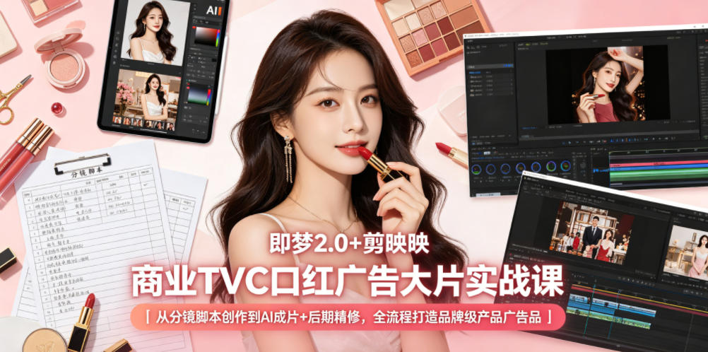 即梦2.0+剪映商业TVC口红广告大片实战课｜从分镜脚本创作到AI成片+后期精修，全流程打造品牌级产品广告-云讯网创