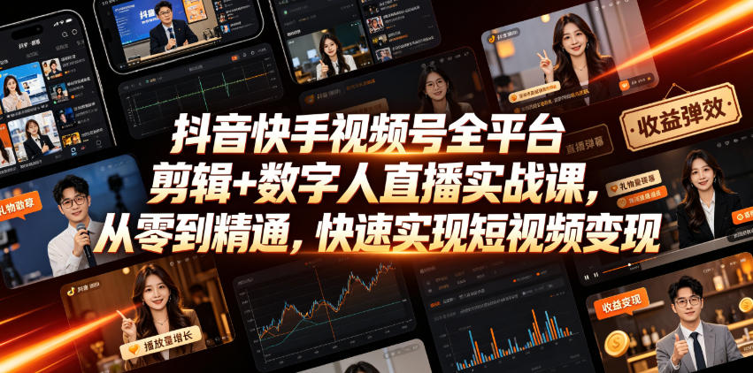 抖音快手视频号全平台剪辑+数字人直播实战课，从零到精通，快速实现短视频变现(更新2026年6月)-云讯网创
