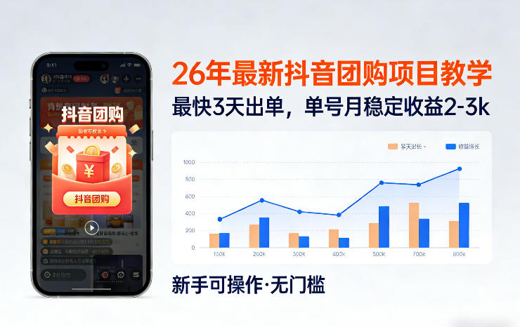 26年最新抖音团购项目教学，0门槛，最快3天出单，单号月稳定收益2-3k-云讯网创