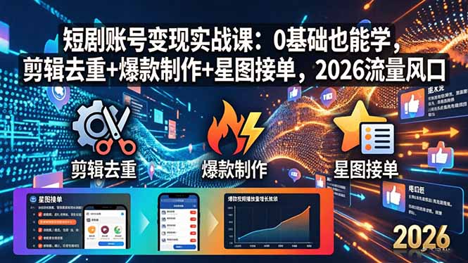 短剧账号变现实战课：0基础也能学，剪辑去重+爆款制作+星图接单，2026流量风口-云讯网创