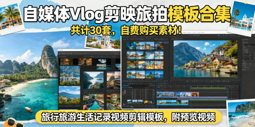 自媒体Vlog剪映旅拍模板合集，共计30套，自费购买素材！旅行旅游生活记录视频剪辑模板，附预览视频-云讯网创