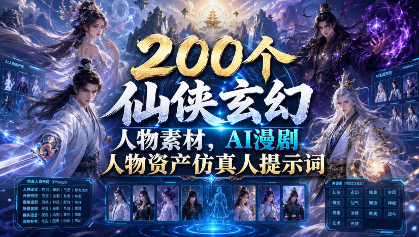 200个仙侠玄幻人物素材，AI漫剧人物资产仿真人提示词-云讯网创