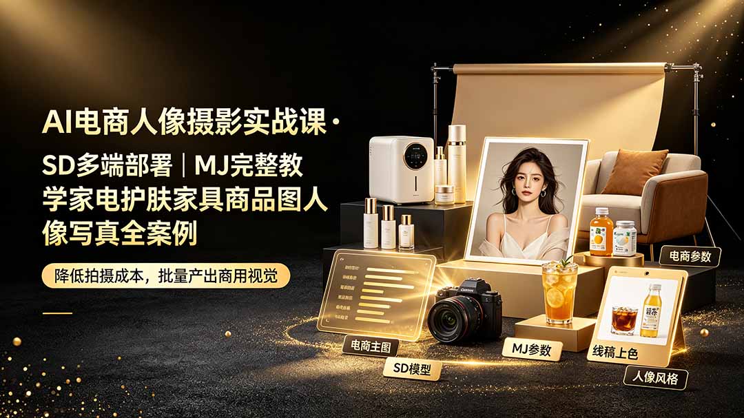 AI电商人像摄影实战课·SD多端部署｜MJ完整教学｜家电护肤家具商品图人像写真全案例-云讯网创