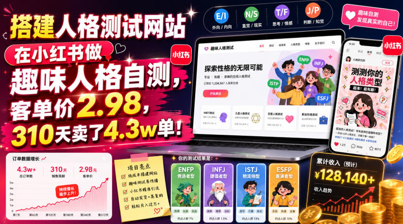 搭建人格测试网站在小红书做趣味人格自测，客单价2.98，310天卖了4.3w单！-云讯网创