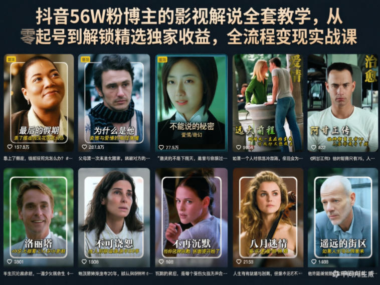 抖音56W粉博主的影视解说全套教学,从零起号到解锁精选独家收益,全流程变现实战课-云讯网创