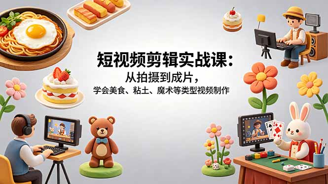 短视频剪辑实战课：从拍摄到成片，学会美食、粘土、魔术等类型视频制作-云讯网创