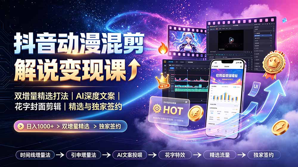 抖音动漫混剪解说变现课：双增量精选打法｜AI深度文案｜花字封面剪辑｜ 精选与独家签约日入1000+-云讯网创