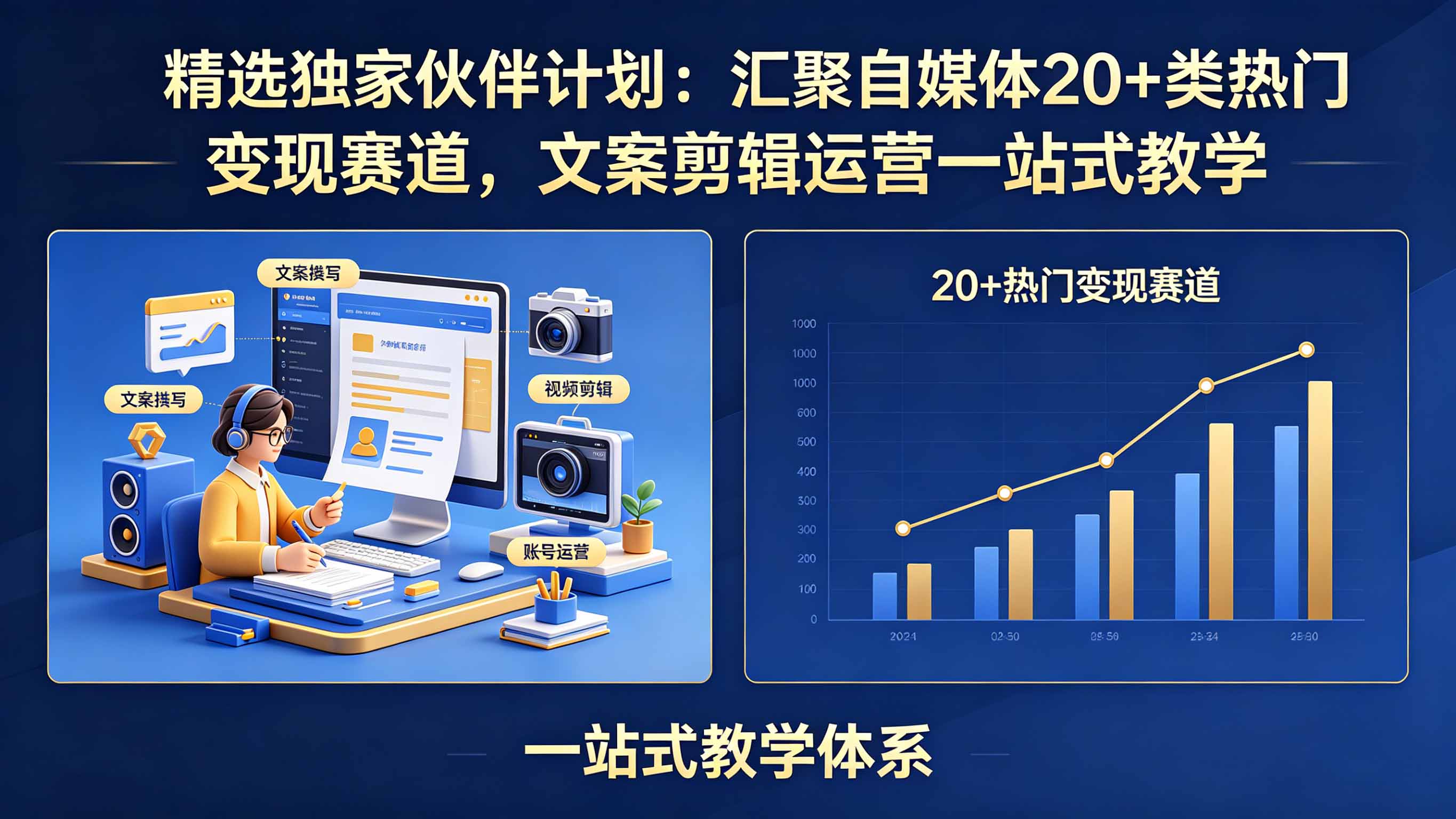 精选独家伙伴计划:汇聚自媒体20+类热门变现赛道,文案剪辑运营一站式教学-云讯网创