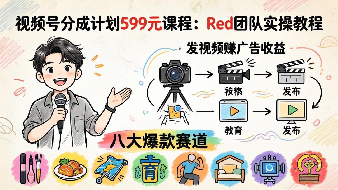 视频号分成计划599元课程：Red团队实操教程，发视频赚广告收益，八大爆款赛道全掌握-云讯网创